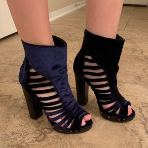 ASOS navy blue velvet booties